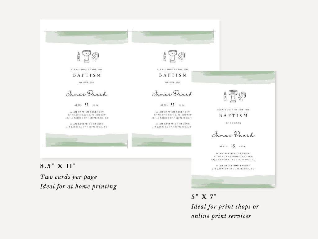Green Watercolor Catholic Baptism Invitation