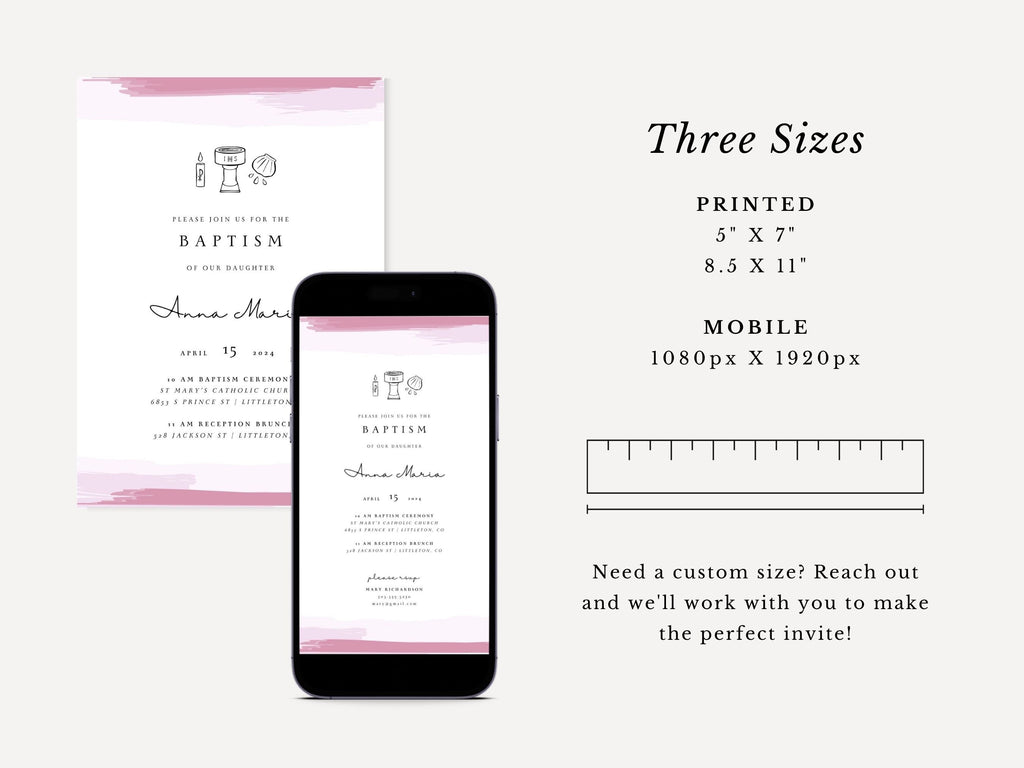 Pink Watercolor Catholic Baptism Invitation