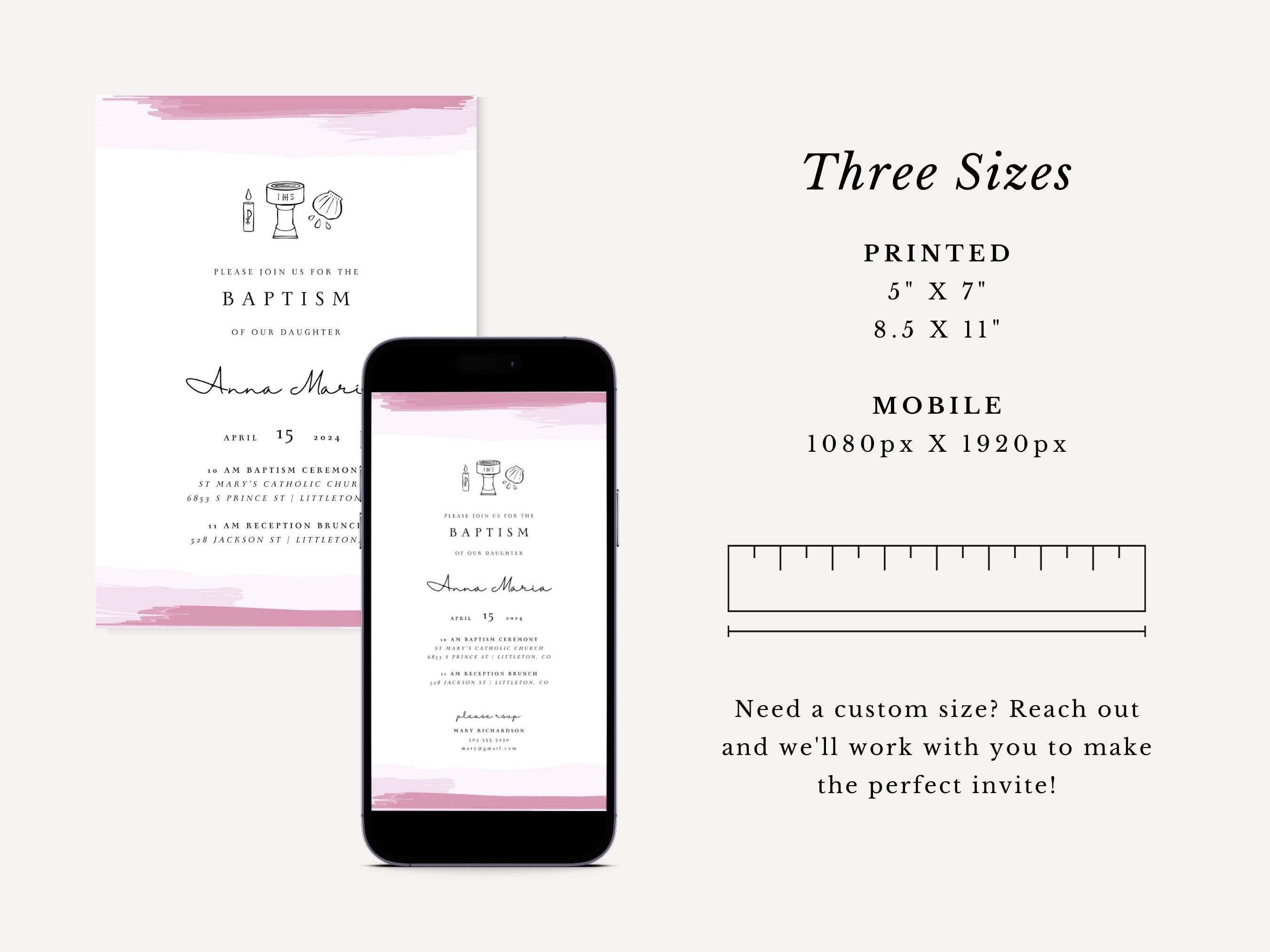 Pink Watercolor Catholic Baptism Invitation