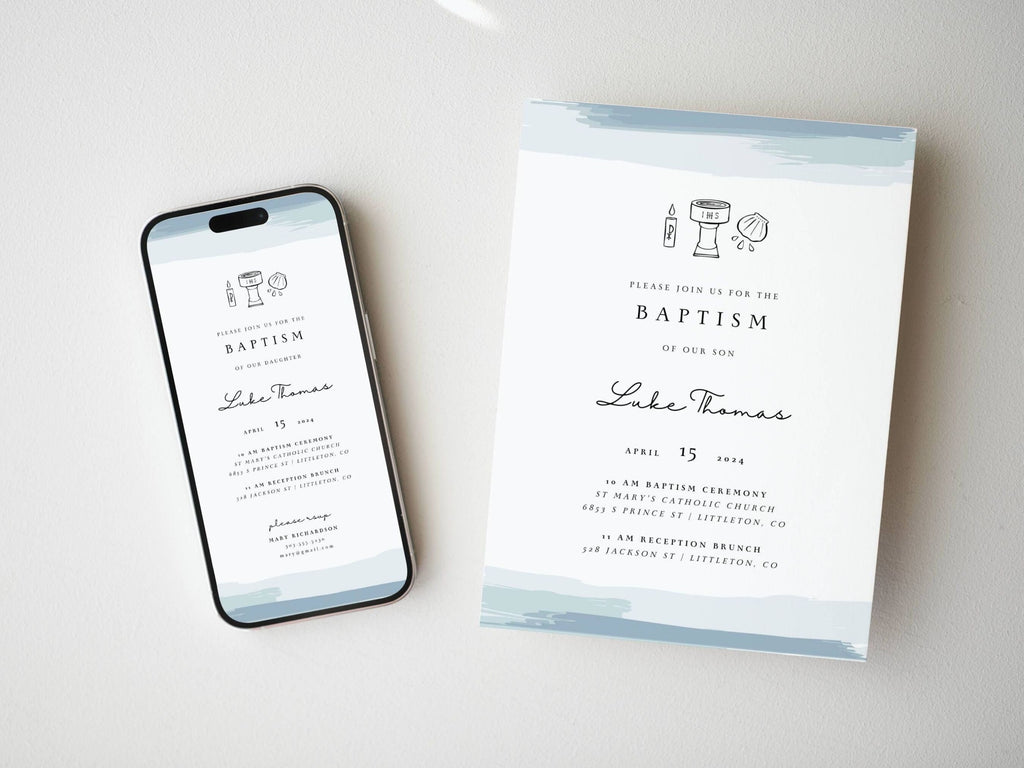 Blue Watercolor Catholic Baptism Invitation Template