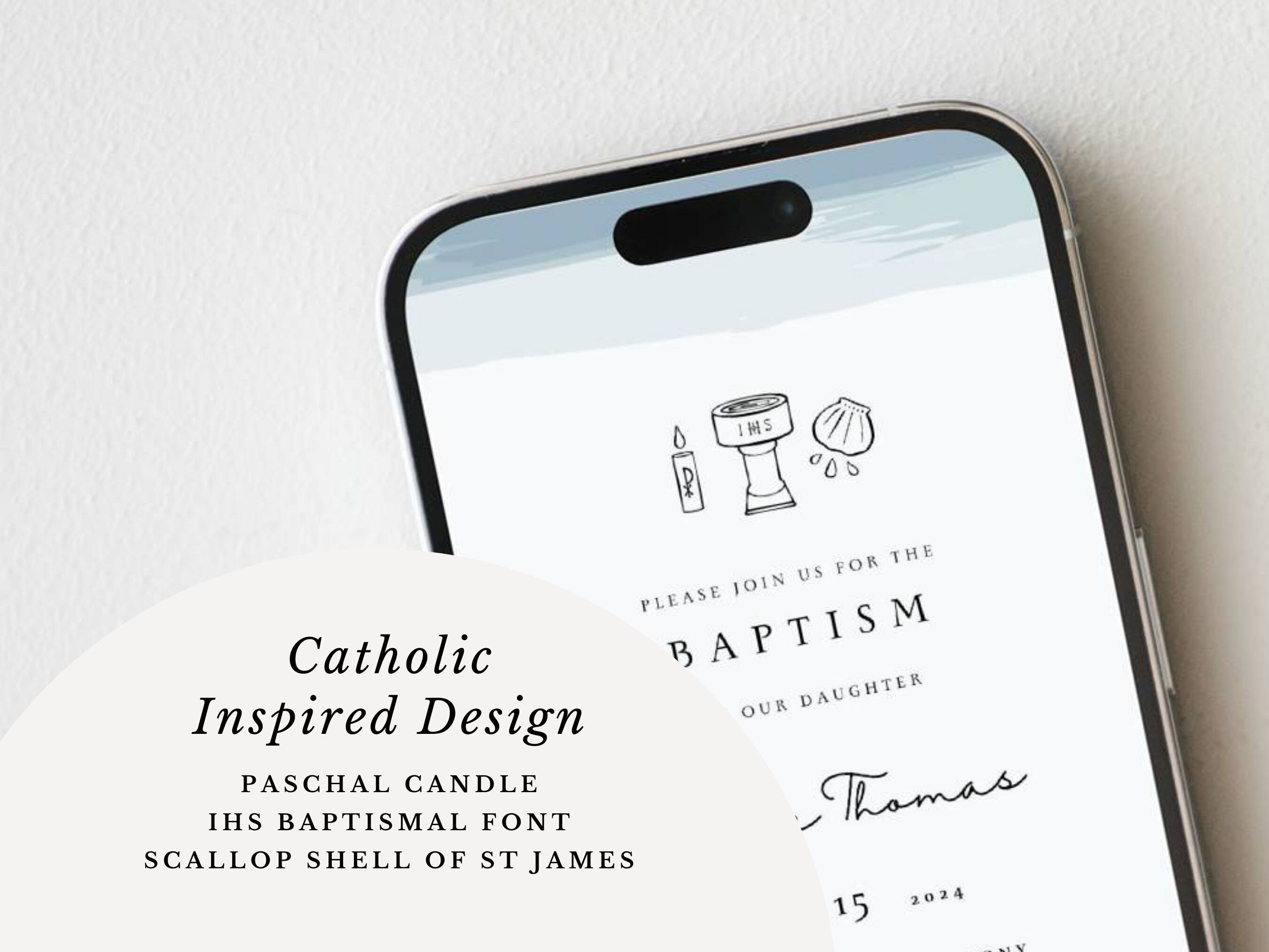 Blue Watercolor Catholic Baptism Invitation Template