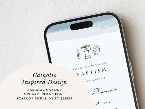 Blue Watercolor Catholic Baptism Invitation Template