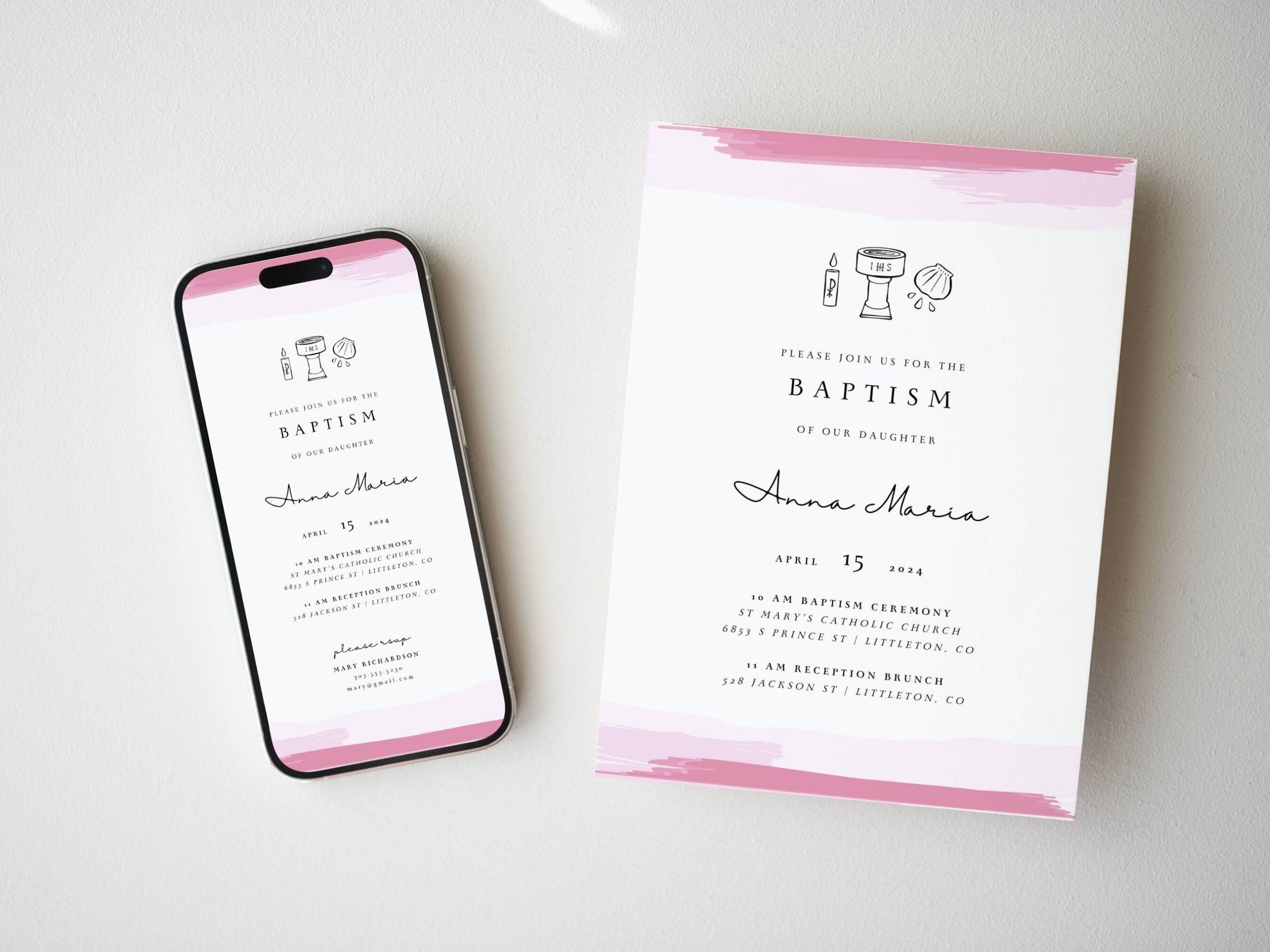 Pink Watercolor Catholic Baptism Invitation