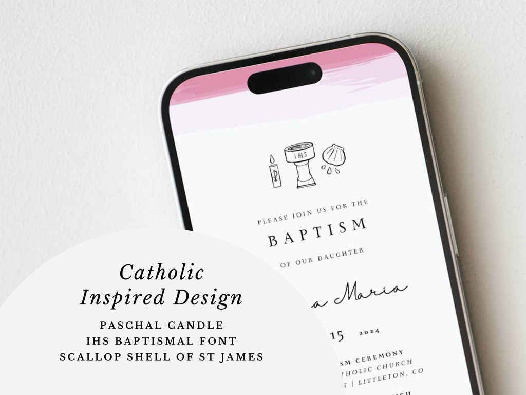 Pink Watercolor Catholic Baptism Invitation