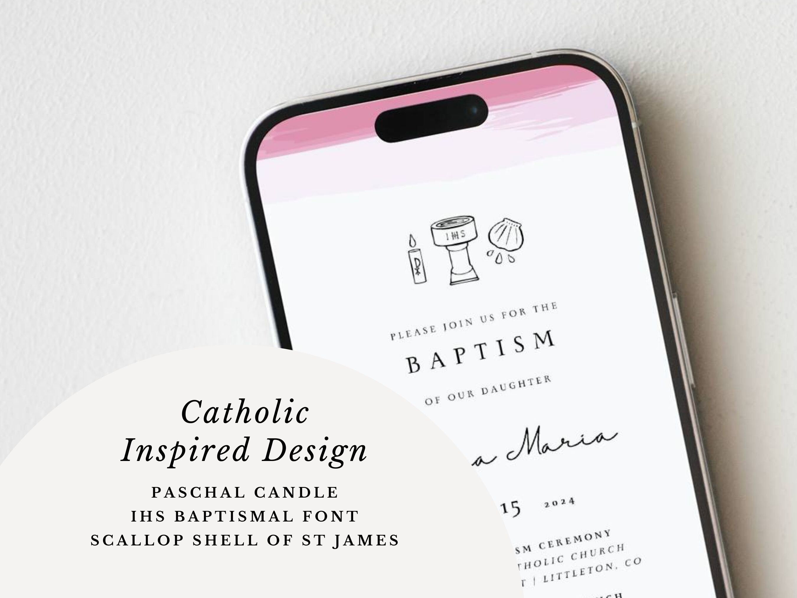 Pink Watercolor Catholic Baptism Invitation