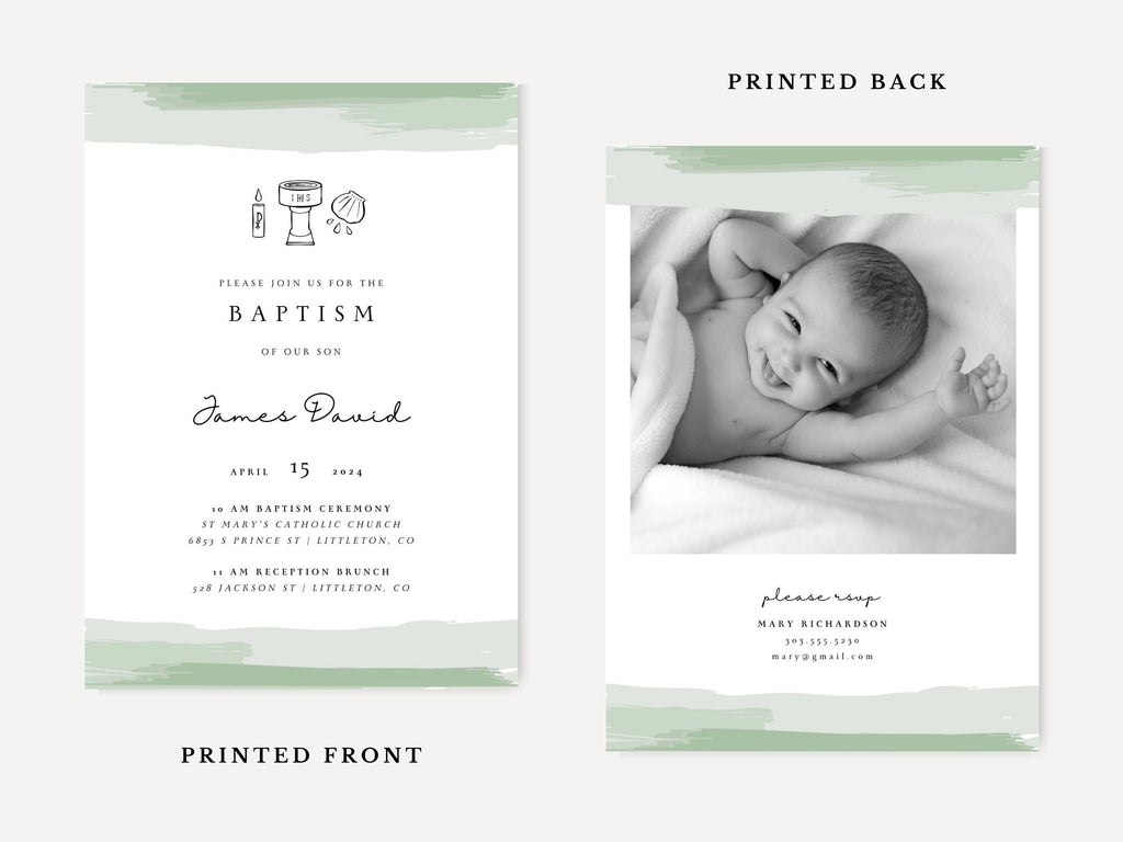 Green Watercolor Catholic Baptism Invitation