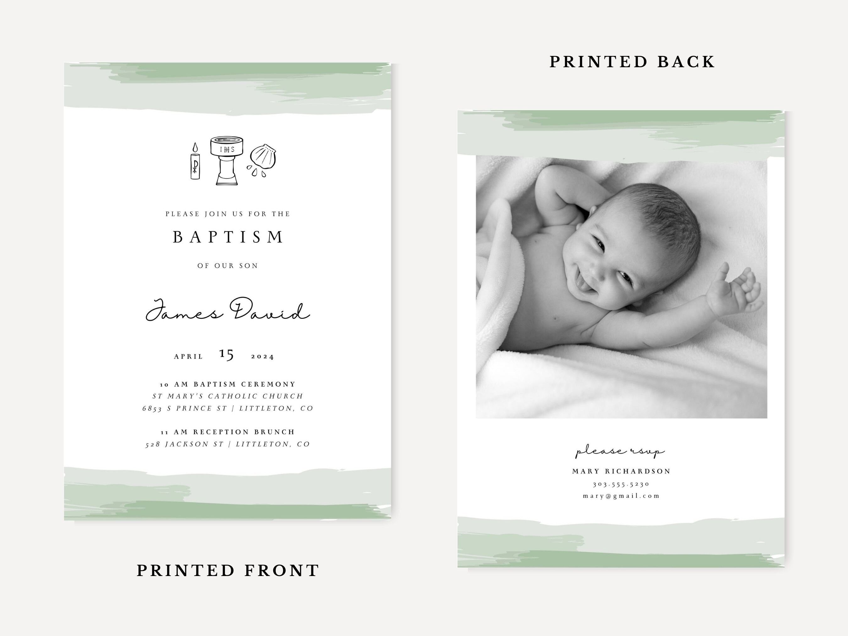 Green Watercolor Catholic Baptism Invitation