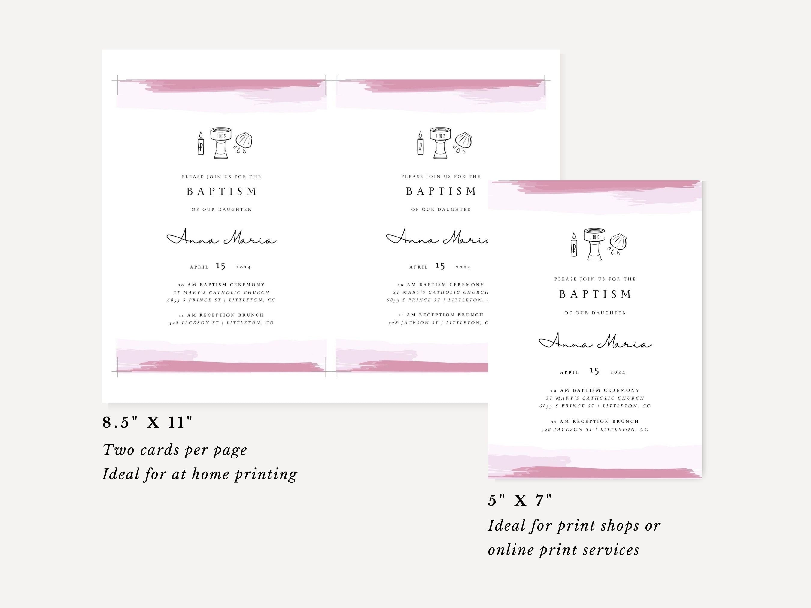 Pink Watercolor Catholic Baptism Invitation