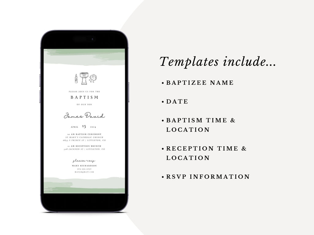 Green Watercolor Catholic Baptism Invitation