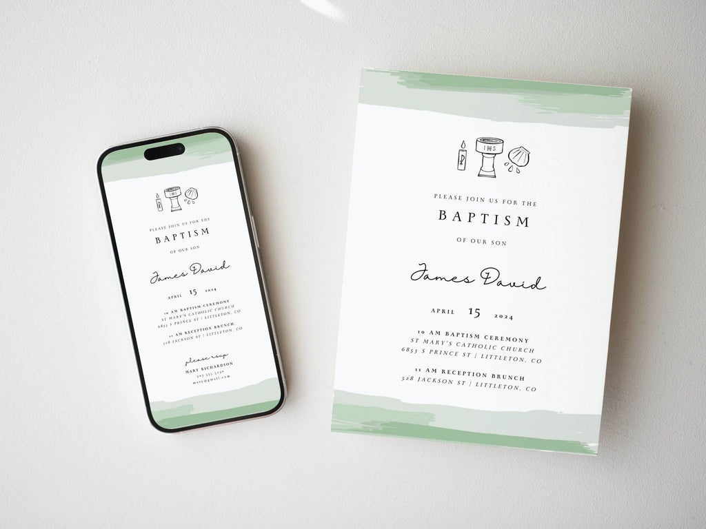 Green Watercolor Catholic Baptism Invitation