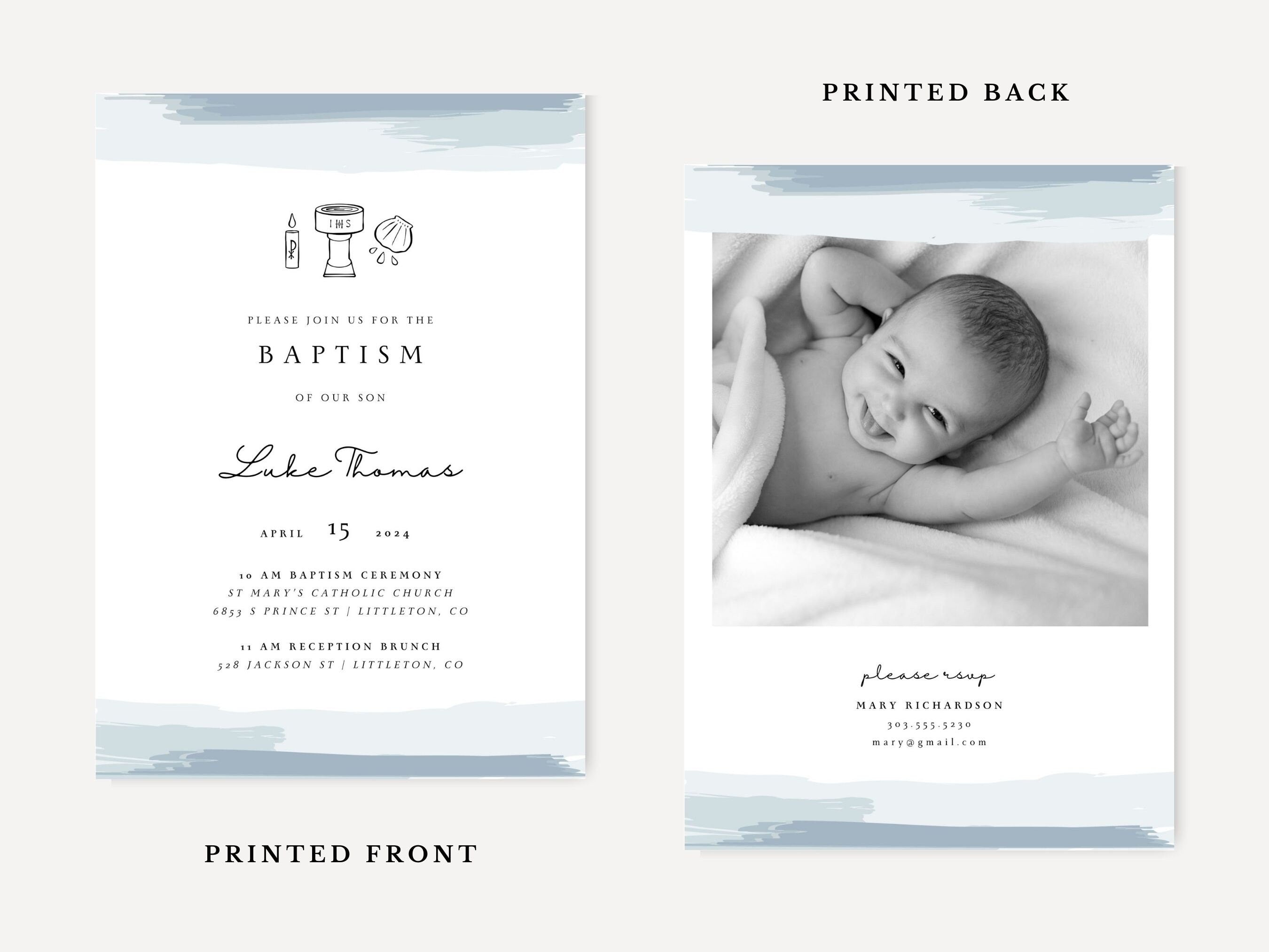 Blue Watercolor Catholic Baptism Invitation Template