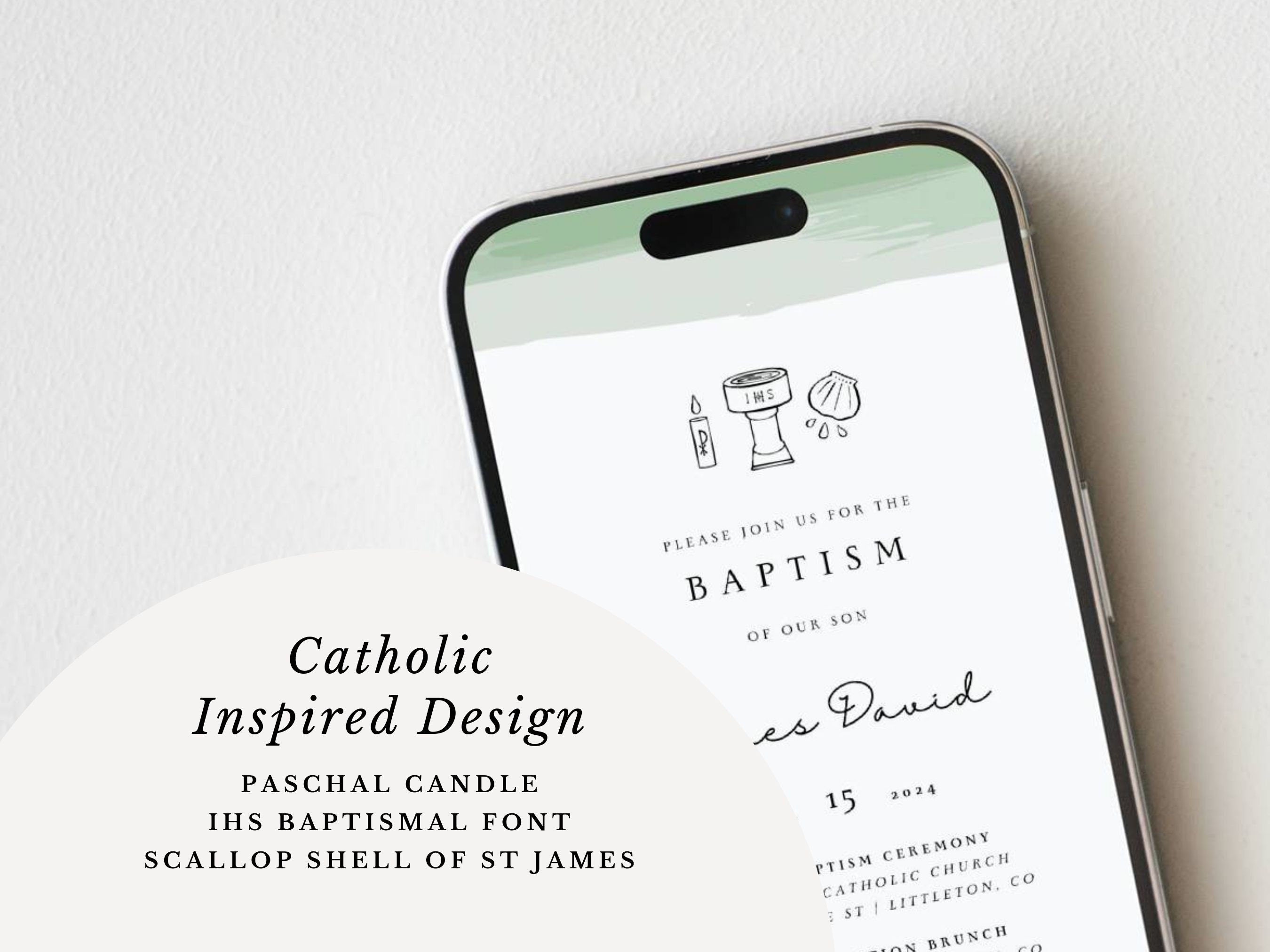 Green Watercolor Catholic Baptism Invitation