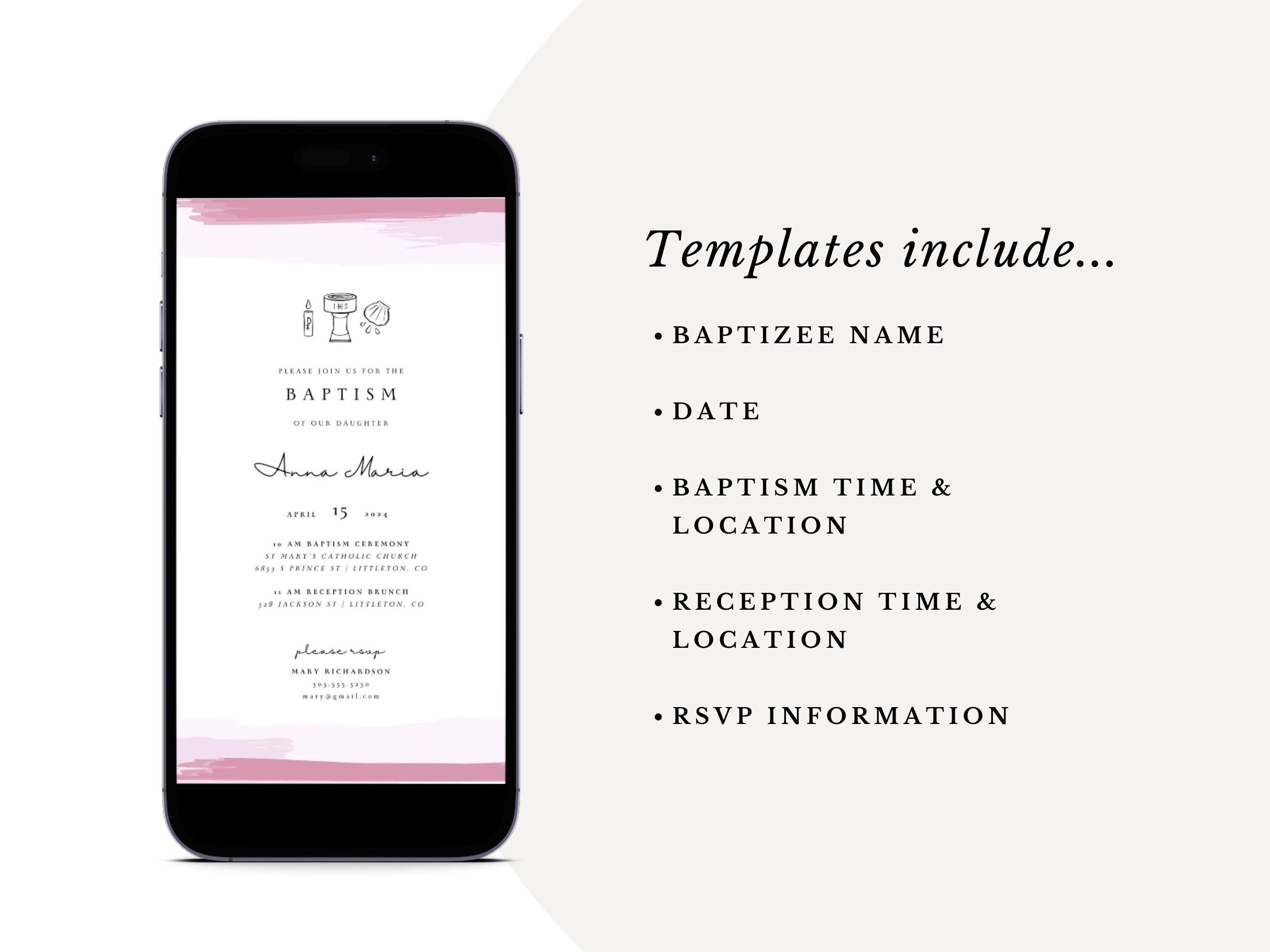 Pink Watercolor Catholic Baptism Invitation