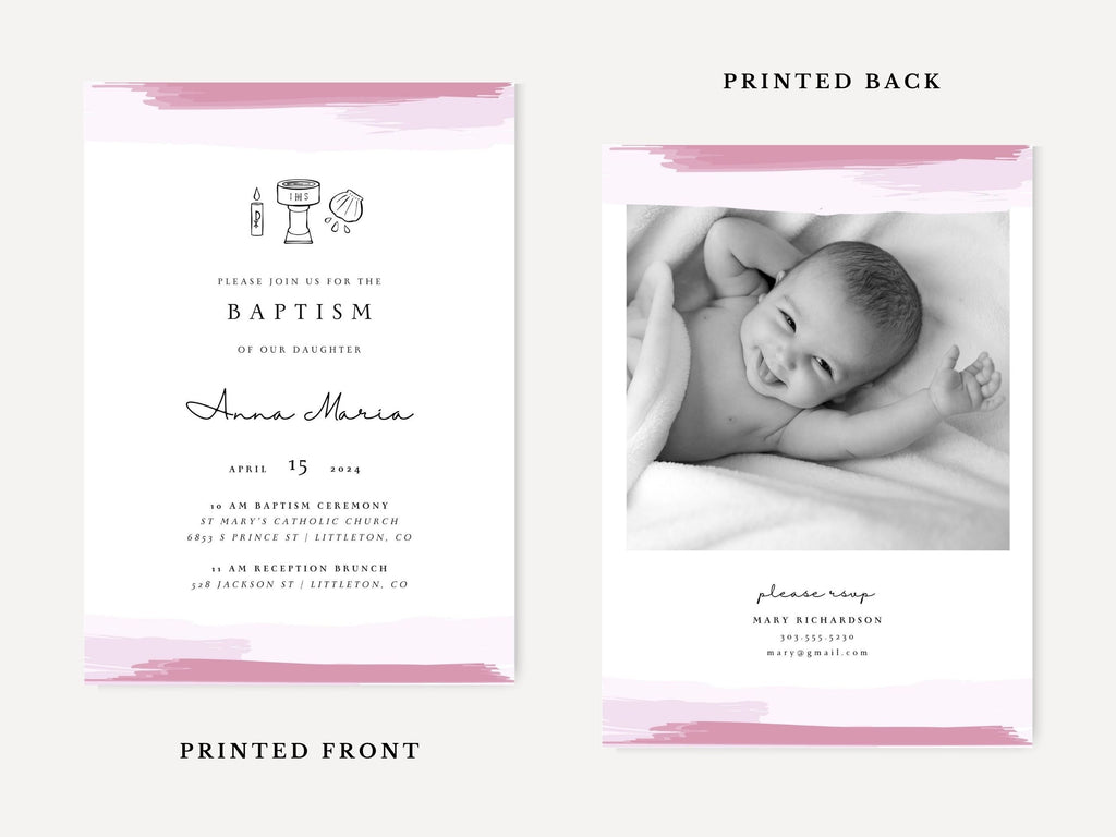 Pink Watercolor Catholic Baptism Invitation