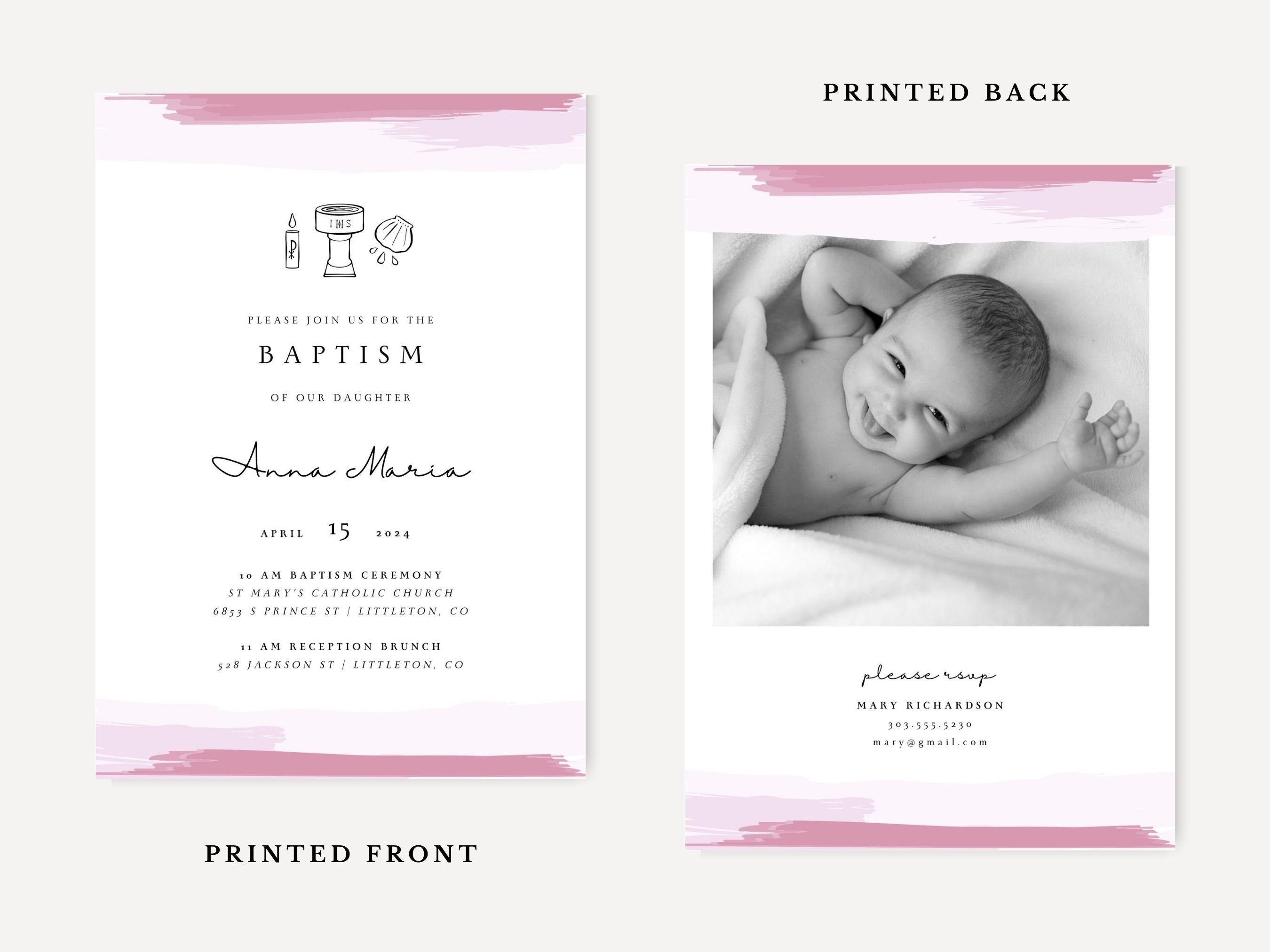 Pink Watercolor Catholic Baptism Invitation